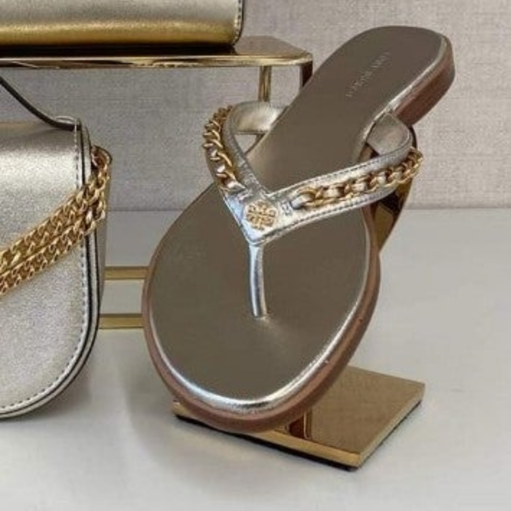 Tory Burch Silver Metallic Chain Thong Sandals